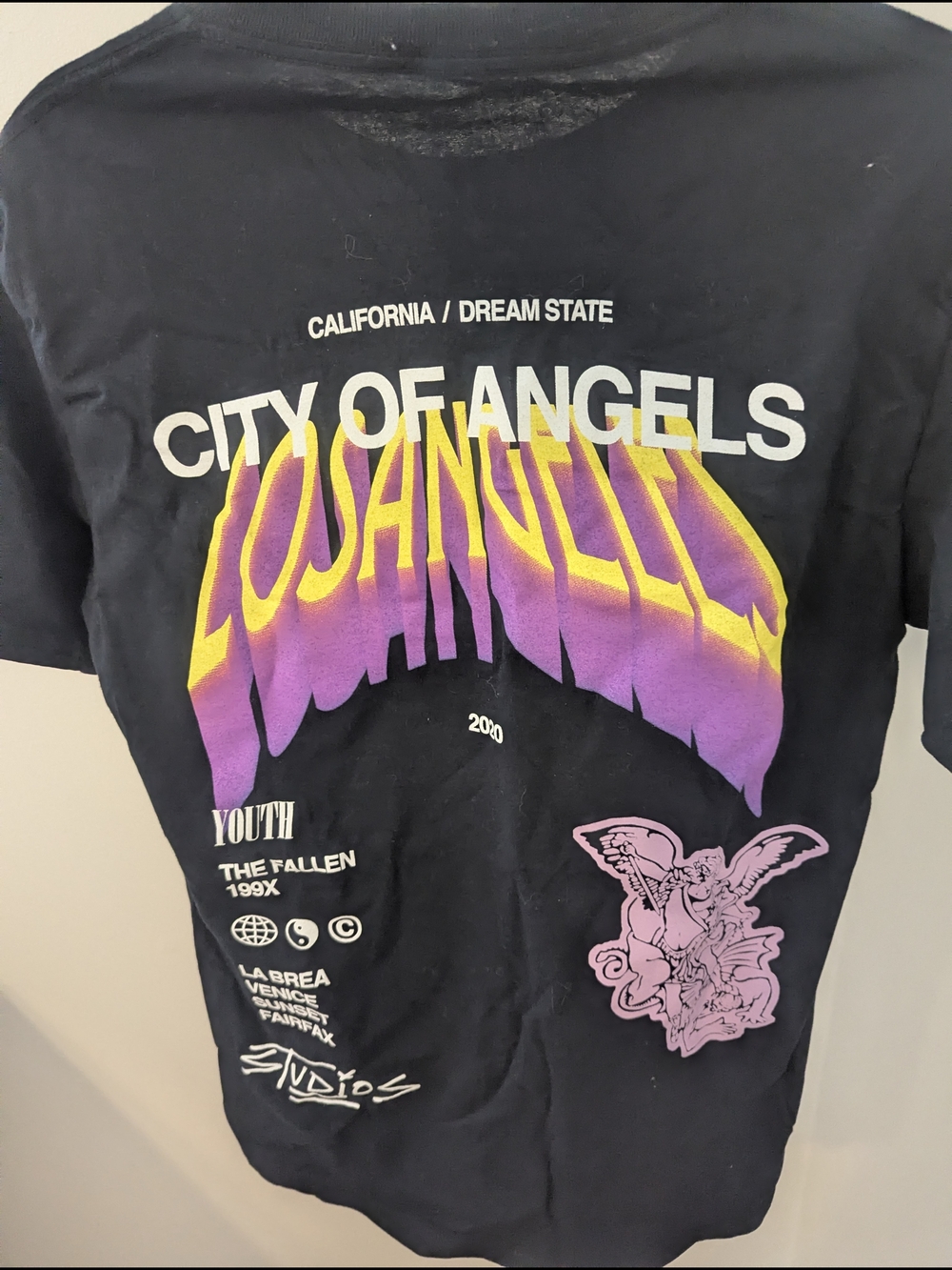 PacSun Black Tee with Yellow, Purple & Pink City of Angels Graphic